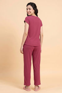 Zivame Seersucker Knit Cotton Pyjama Set - Red Violet — thumbnail 4